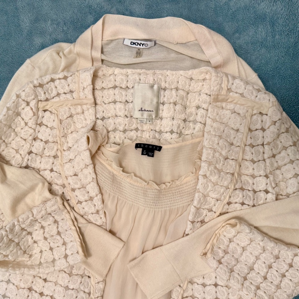 3x Cream Tops - DKNYC Cardigan + Elevenses Lace Jacket + Theory Top - all Small